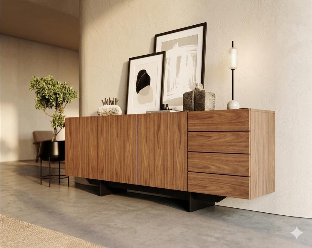 Meuble d’entrée bas avec rangement et objets décoratifs